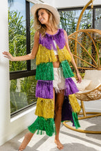 Purple/Mustard/Green Mardi Gras Tiered Tinsel Fringe Long Vest