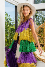 Purple/Mustard/Green Mardi Gras Tiered Tinsel Fringe Long Vest