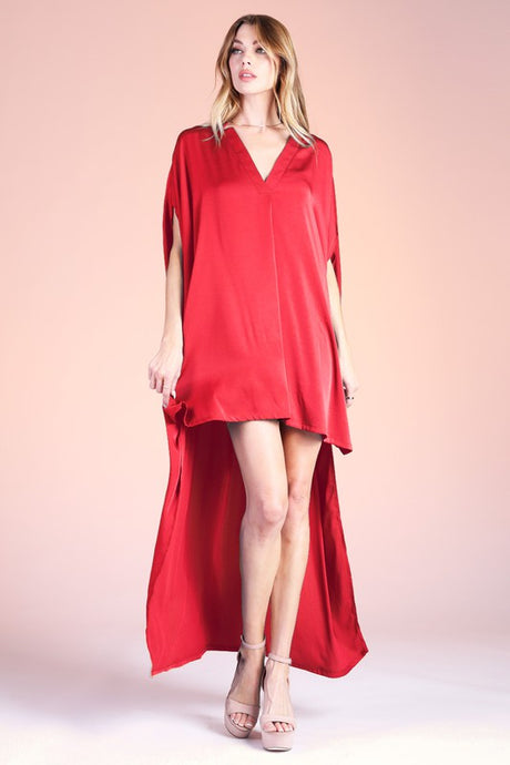 Red Washed Poly Silk Notched High Low Caftan Dress