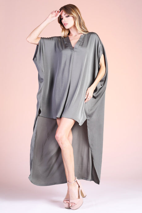 Medium Grey Washed Poly Silk Notched High Low Caftan Dress