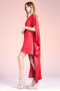 Red Washed Poly Silk Notched High Low Caftan Dress