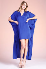 Royal Blue Washed Poly Silk Notched High Low Caftan Dress
