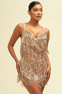 Rosegold Sequin Fringe Mini Dress