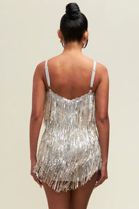 Nude-Silver Sequin Fringe Mini Dress