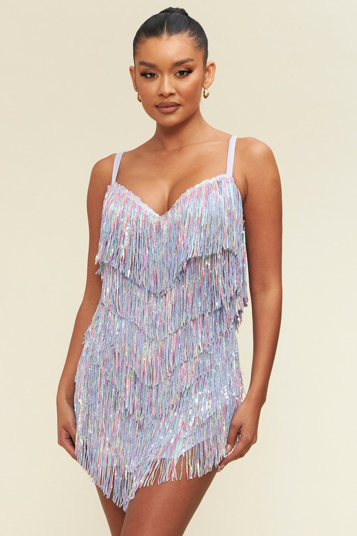sequin fringe mini dress Lavender Multi Sequin Fringe Mini Dress – Aquarius Brand