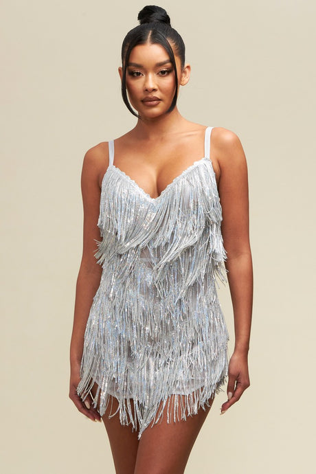 Silver Multi Sequin Fringe Mini Dress