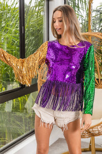 Purple/Mustard/Green Mardi Gras Fringe Detailed Sequins Crop Top