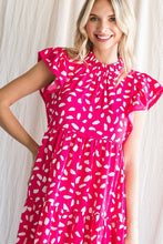 Hot Pink Print Ruffled Shoulder Dress