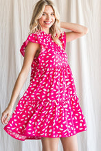 Hot Pink Print Ruffled Shoulder Dress