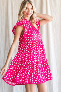 Hot Pink Print Ruffled Shoulder Dress