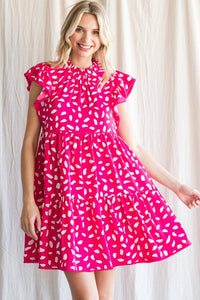 Hot Pink Print Ruffled Shoulder Dress