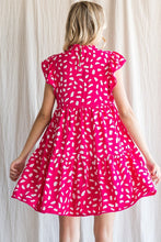 Hot Pink Print Ruffled Shoulder Dress