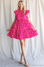 Hot Pink Print Ruffled Shoulder Dress