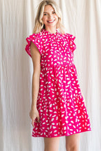 Hot Pink Print Ruffled Shoulder Dress