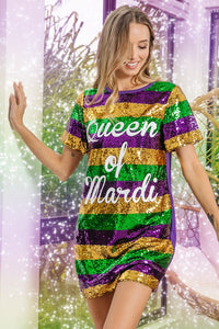 Purple Mardi Gras Printed Color Block Sequins Dress
