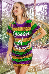 Purple Mardi Gras Printed Color Block Sequins Dress