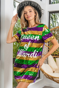 Purple Mardi Gras Printed Color Block Sequins Dress