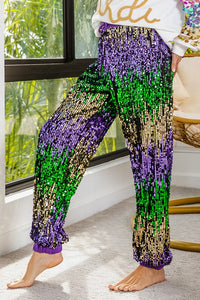 Purple Mardi Gras Sequin Color Block Pants