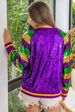 Purple Mardi Gras Color Block Sequin Bomber Jacket