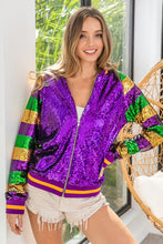 Purple Mardi Gras Color Block Sequin Bomber Jacket