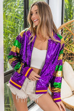 Purple Mardi Gras Color Block Sequin Bomber Jacket