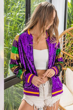 Purple Mardi Gras Color Block Sequin Bomber Jacket