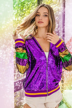 Purple Mardi Gras Color Block Sequin Bomber Jacket