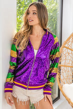 Purple Mardi Gras Color Block Sequin Bomber Jacket