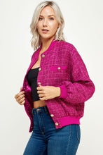 Magenta Metallic Tweed Bomber Jacket