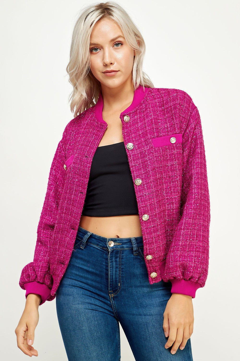 Magenta Metallic Tweed Bomber Jacket