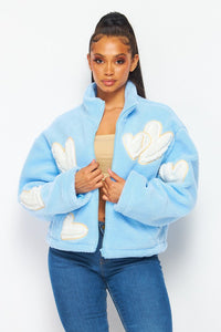 Baby Blue Love Hearts Cozy Sherpa Zip Up Sweater Jacket