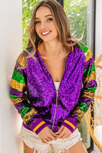 Purple Mardi Gras Color Block Sequin Bomber Jacket