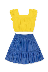 Yellow Girl's 2 Pc Denim Chambray Skirt Set W/Ruffled Top