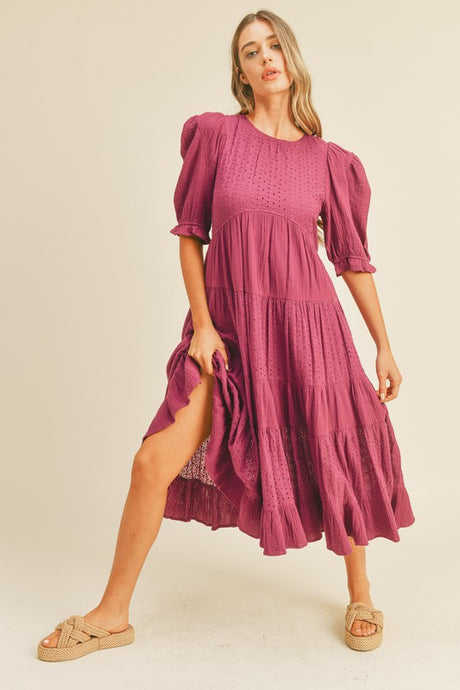 Mauve Contrast Eyelet Lace Maxi Tiered Dress