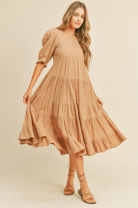 Latte Contrast Eyelet Lace Maxi Tiered Dress