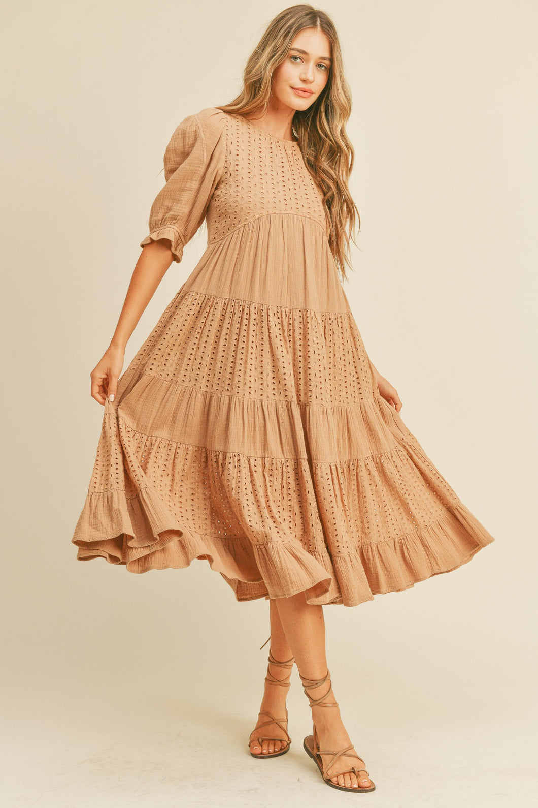 Latte Contrast Eyelet Lace Maxi Tiered Dress
