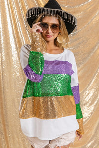 Purple/Mustard Mardi Gras Sequins Colorblock Lslv Top