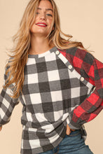 Ivory/Black/Red Buffalo Plaid Soft Hacci Color Block Top