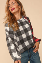 Ivory/Black/Red Buffalo Plaid Soft Hacci Color Block Top