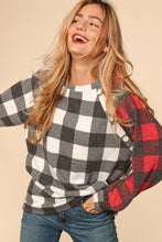 Ivory/Black/Red Buffalo Plaid Soft Hacci Color Block Top