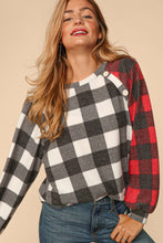 Ivory/Black/Red Buffalo Plaid Soft Hacci Color Block Top