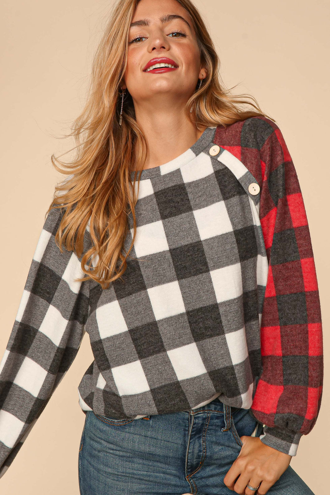 Ivory/Black/Red Buffalo Plaid Soft Hacci Color Block Top