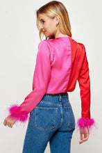 Red/Fuchsia Color Block Satin Bodysuit With Feather Trim