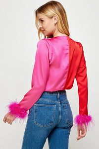 Red/Fuchsia Color Block Satin Bodysuit With Feather Trim