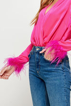 Red/Fuchsia Color Block Satin Bodysuit With Feather Trim
