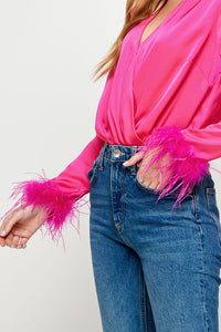 Red/Fuchsia Color Block Satin Bodysuit With Feather Trim