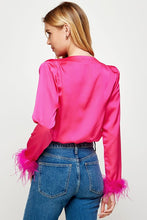 Red/Fuchsia Color Block Satin Bodysuit With Feather Trim