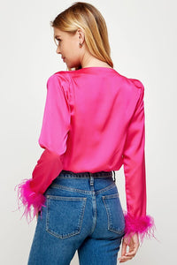 Red/Fuchsia Color Block Satin Bodysuit With Feather Trim