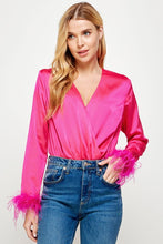 Red/Fuchsia Color Block Satin Bodysuit With Feather Trim