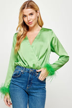 Light Green Color Block Satin Bodysuit With Feather Trim